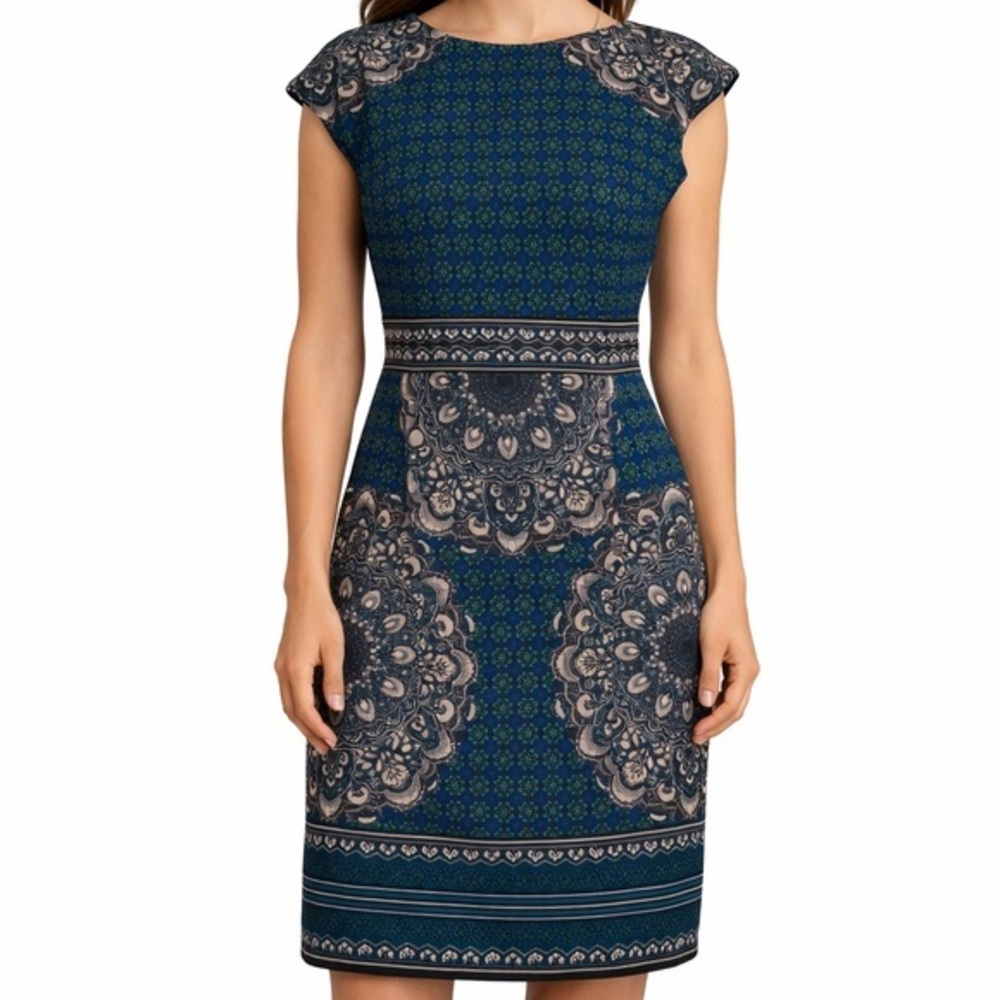 Boho Medallion Print Sheath Dress Petite Teal Navy Cap Sleeve Career Party NWT